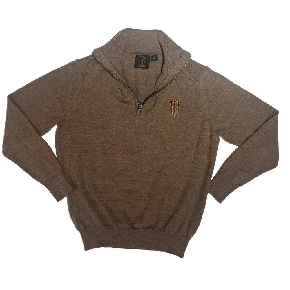 Java Monster Energy Quarter Zip Pullover Wool Sweater Mens SM Brown Knit Promo